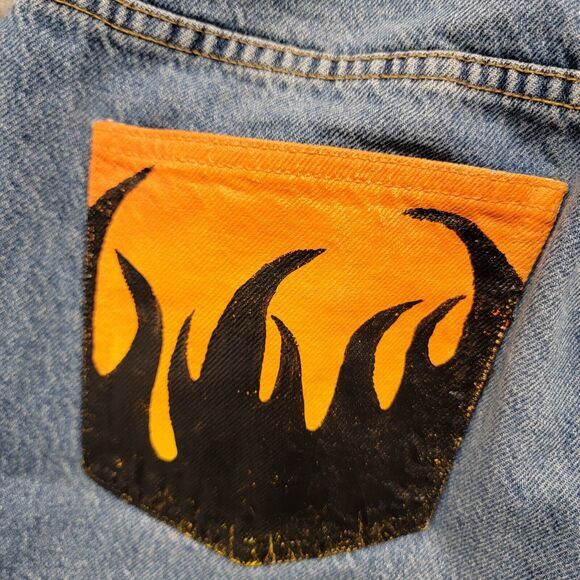 Pacsun Mom Jeans Womens 28 Blue‎ Denim High Rise Custom Flames Pockets Zip Fly - Picture 11 of 12
